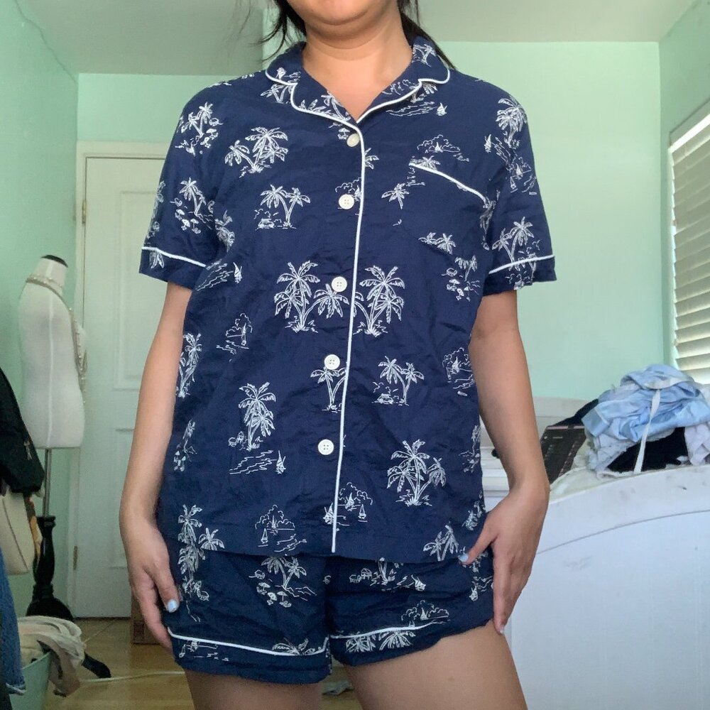 Women's Navy Blue Cotton Pajama Button Down Shorts Set - Picture 2 of 2